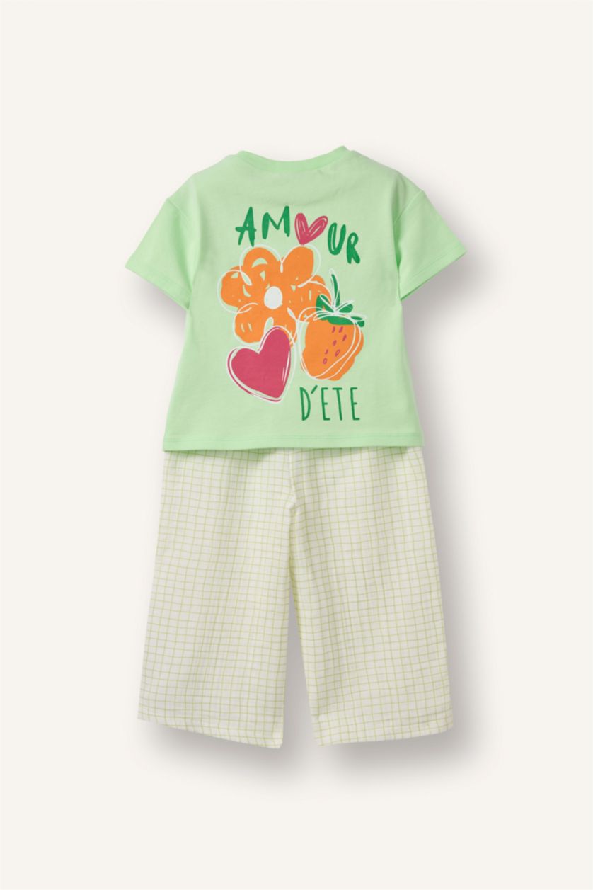 Kız Bebek Açık Yeşil Çiçekli Tişört Kareli Pantolon 2'li Takım Kız Bebek
