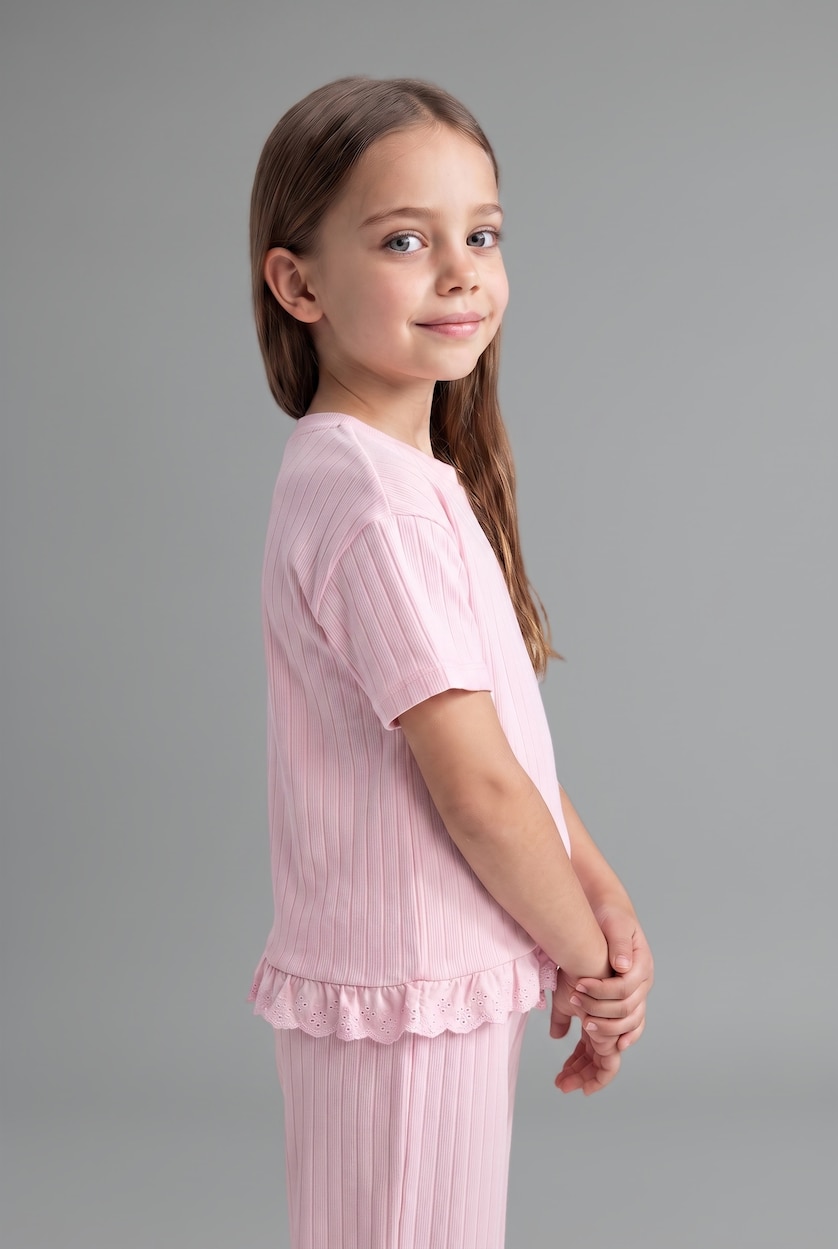 Kız Bebek Açık Pembe Fırfır Detaylı 2'li Takım Kız Bebek