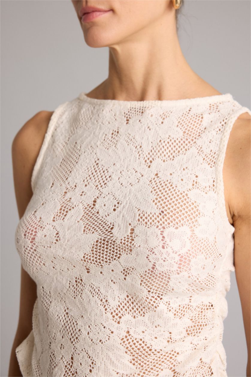 Kadın Kırık Beyaz Slım Fıt Kayık Yaka Dantel Atlet