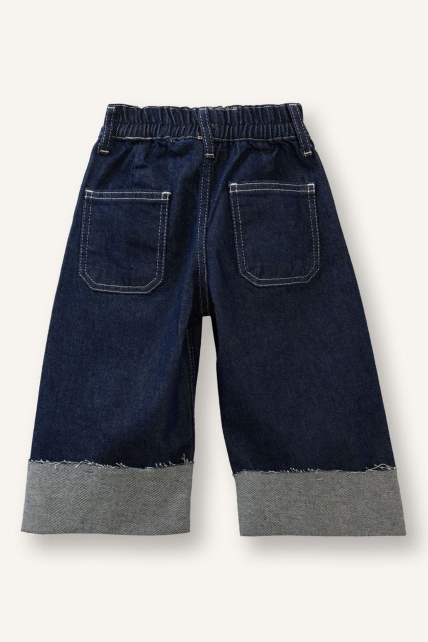 Kız Bebek Koyu Mavi %100 Pamuk Wıde Leg Jean Pantolon Kız Bebek