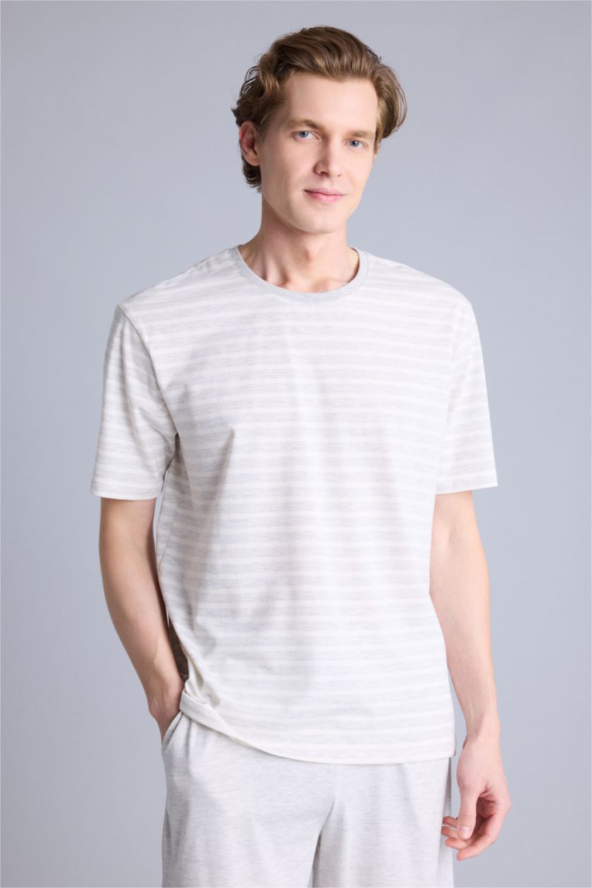 Erkek Optik Gri Melanj Regular Fıt Çizgili Kısa Kollu 2'li Takım