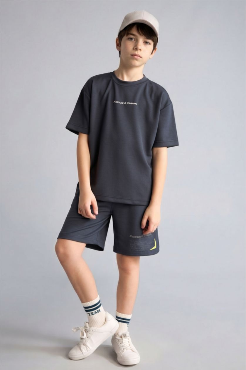 Erkek Çocuk - Genç Erkek Antrasit Oversize Slogan baskılı Şort Erkek Çocuk