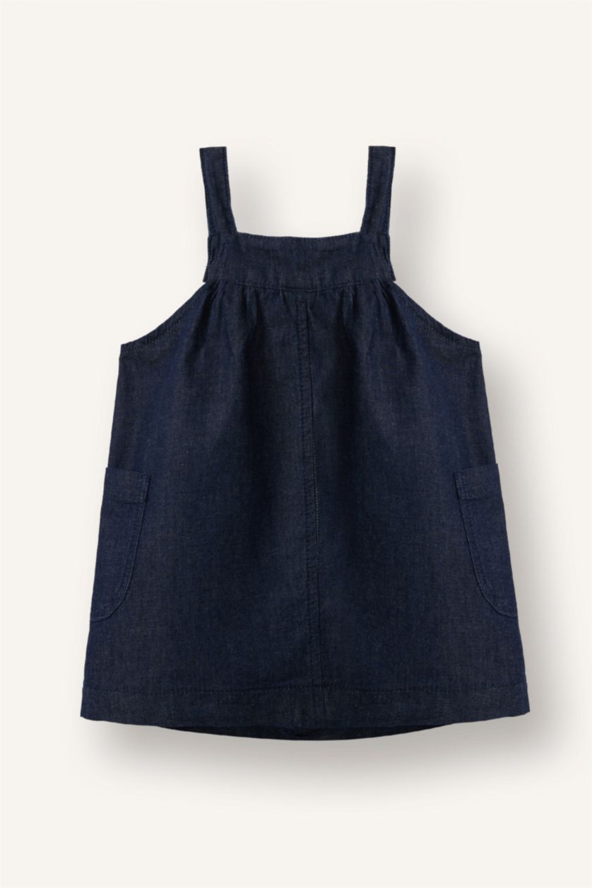 Kız Bebek Koyu Mavi Pamuklu Denim Elbise Kız Bebek