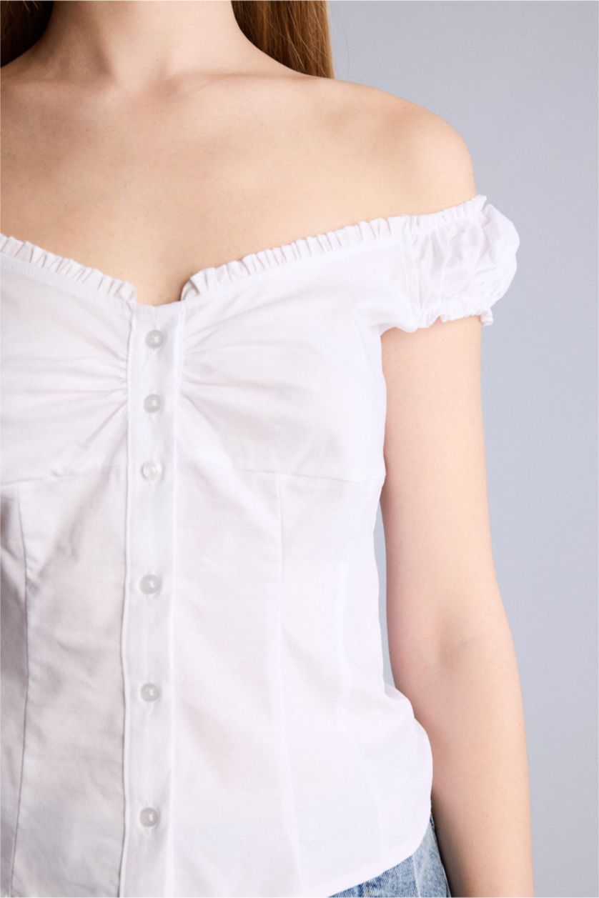 Kadın Beyaz Fıtted Poplin Kısa Kollu Bluz