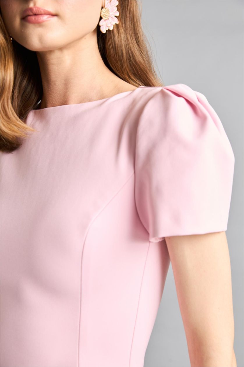 Kadın Açık Pembe Kayık Yaka Kısa Kollu Mini Elbise