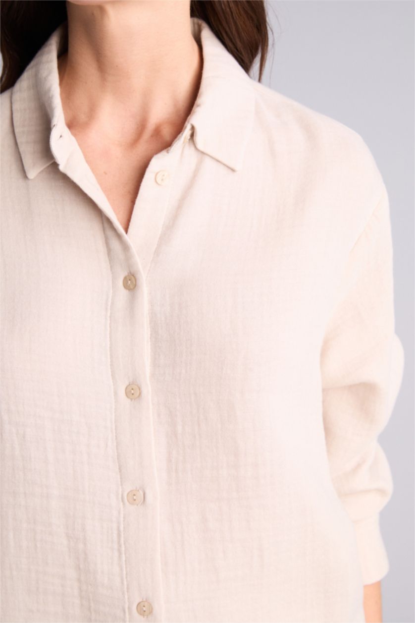 Kadın Taş Oversıze Gömlek Yaka Müslin Uzun Kollu Gömlek