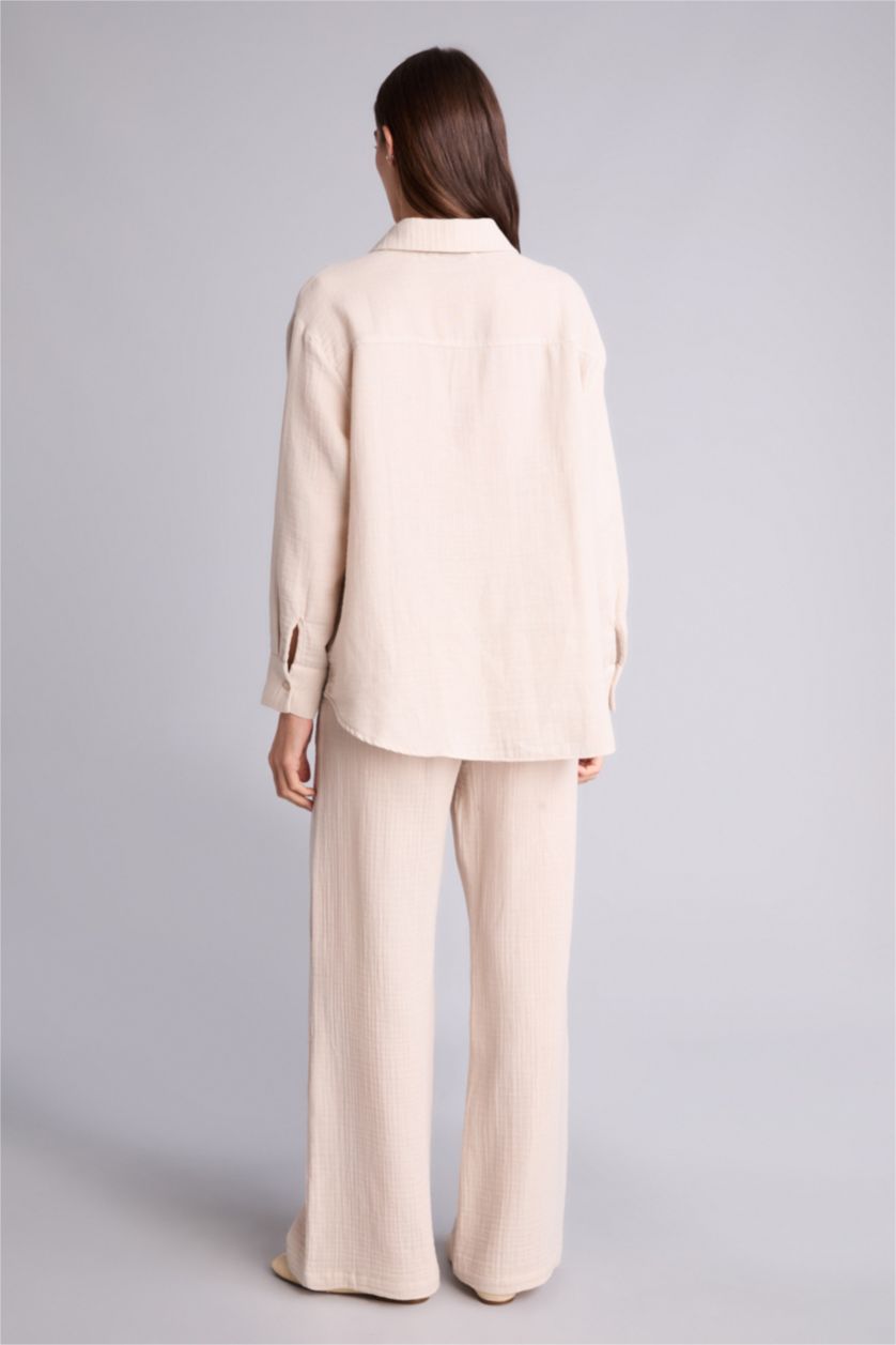 Kadın Taş Oversıze Gömlek Yaka Müslin Uzun Kollu Gömlek