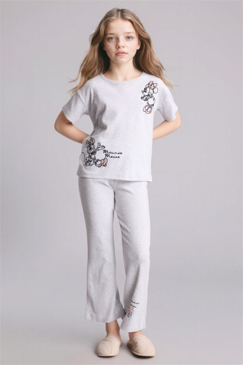 بنات ميلانج رمادي فاتح سيت بجامة مضلع قصة عادية من ديزني ميكي وميني من قطعتين