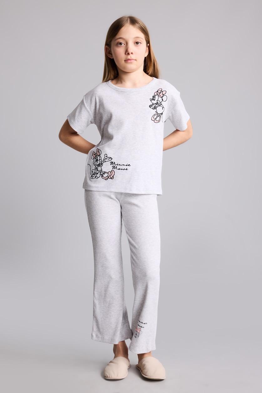 Kız Çocuk - Genç Kız Açık Gri Melange Dısney Mıckey & Mınnıe Fitilli Kaşkorse 2'li Pijama Takımı Kız Çocuk