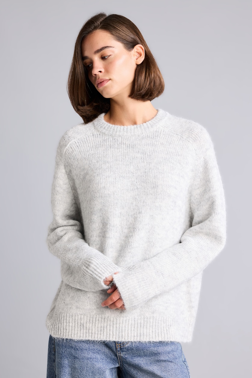 Kadın Gri Melanj Oversize Bisiklet Yaka Yün Basic Kazak