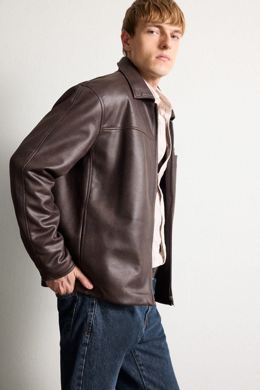 MAN Brown Regular Fit Faux Leather Jacket