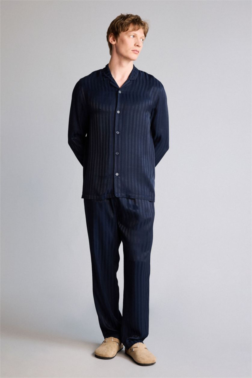 Erkek Lacivert Regular Fıt Çizgili Uzun Kollu 2'li Viskon Takım