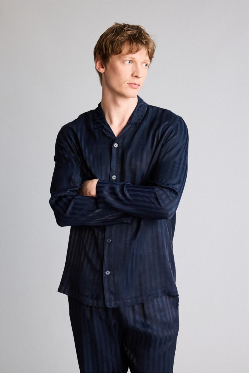 Erkek Lacivert Regular Fıt Çizgili Uzun Kollu 2'li Viskon Takım