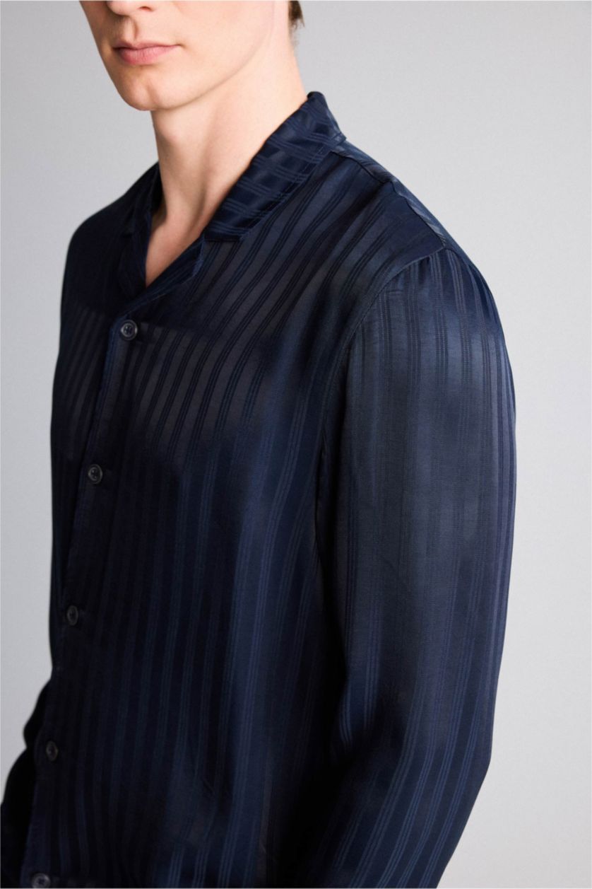 Erkek Lacivert Regular Fıt Çizgili Uzun Kollu 2'li Viskon Takım