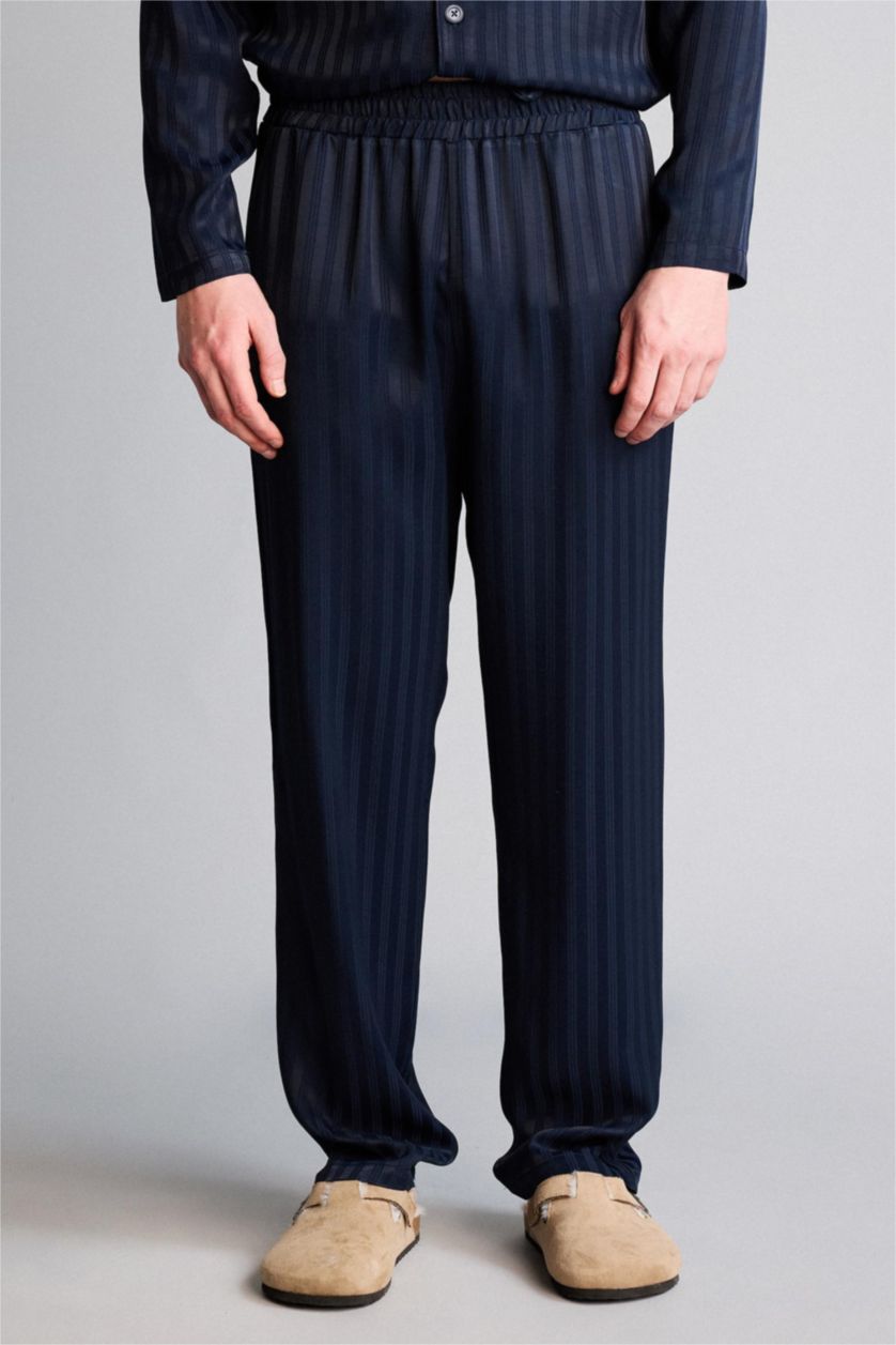 Erkek Lacivert Regular Fıt Çizgili Uzun Kollu 2'li Viskon Takım