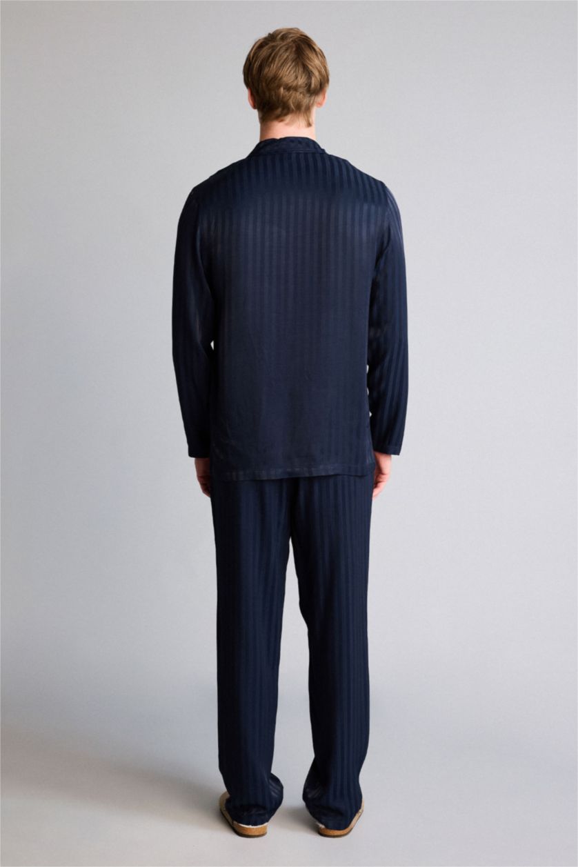 Erkek Lacivert Regular Fıt Çizgili Uzun Kollu 2'li Viskon Takım