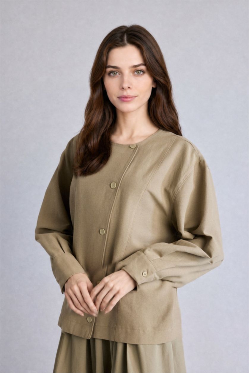WOMAN Light Khaki Regular Fit Linen Blended Blazer