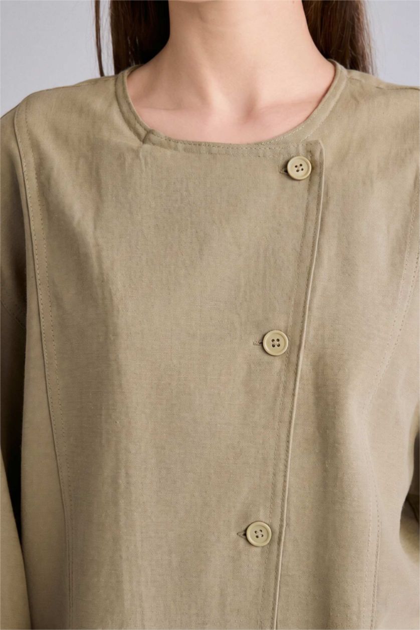 WOMAN Light Khaki Regular Fit Linen Blended Blazer