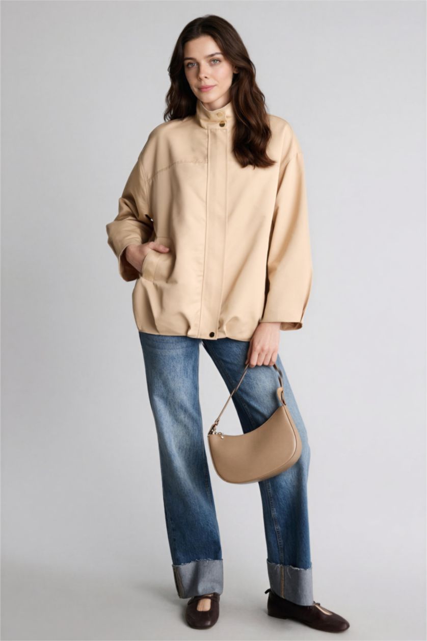 Kadın Bej Regular Fıt Hakim Yaka Gabardin Blazer Ceket