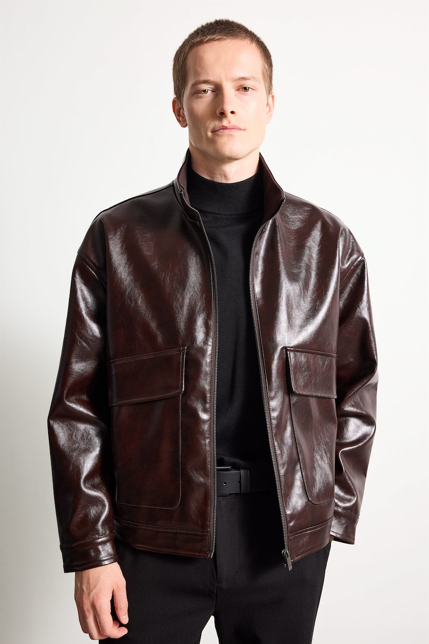 MAN Brown Zipper Dog Collar Faux Leather Jacket