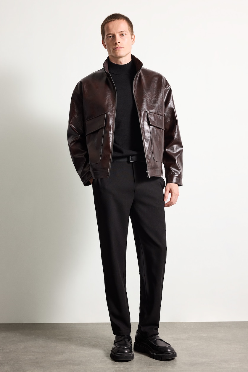 MAN Brown Zipper Dog Collar Faux Leather Jacket