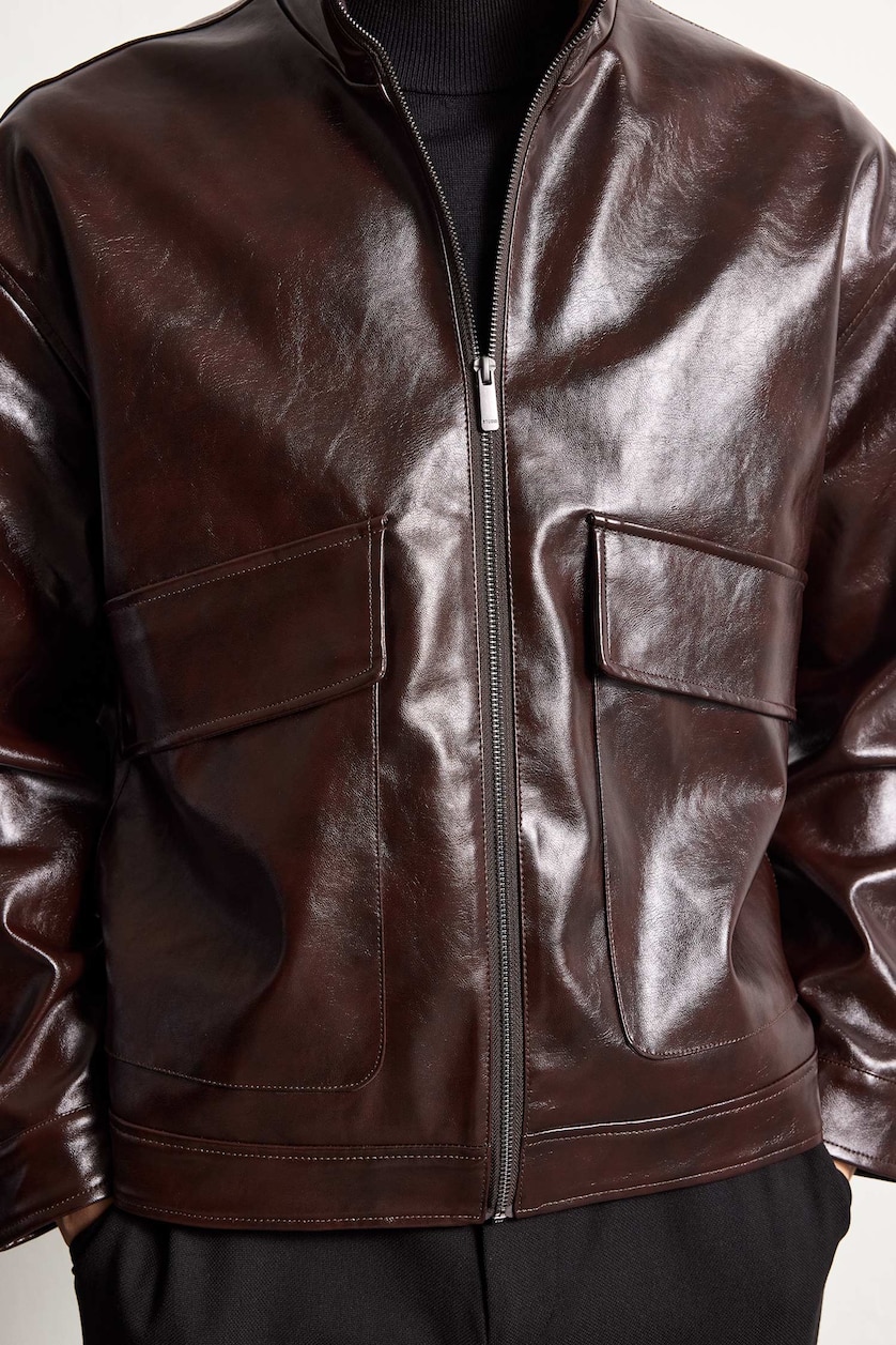 MAN Brown Zipper Dog Collar Faux Leather Jacket