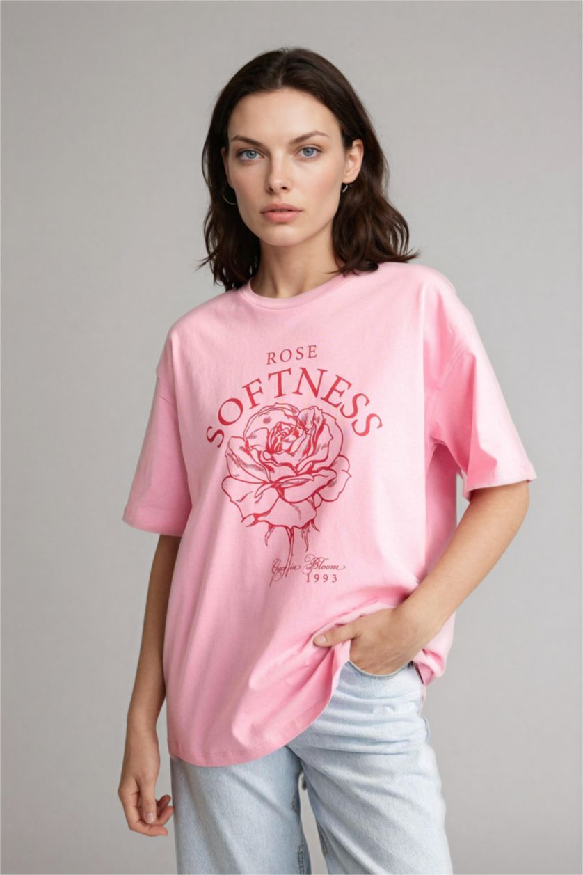 Kadın Pembe Anneler Günü Oversıze Bisiklet Yaka Çiçekli Penye Kısa Kollu Tişört