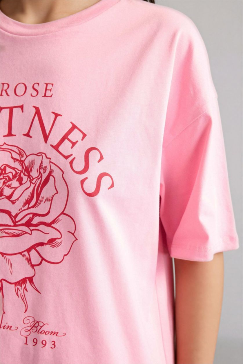 Kadın Pembe Anneler Günü Oversıze Bisiklet Yaka Çiçekli Penye Kısa Kollu Tişört