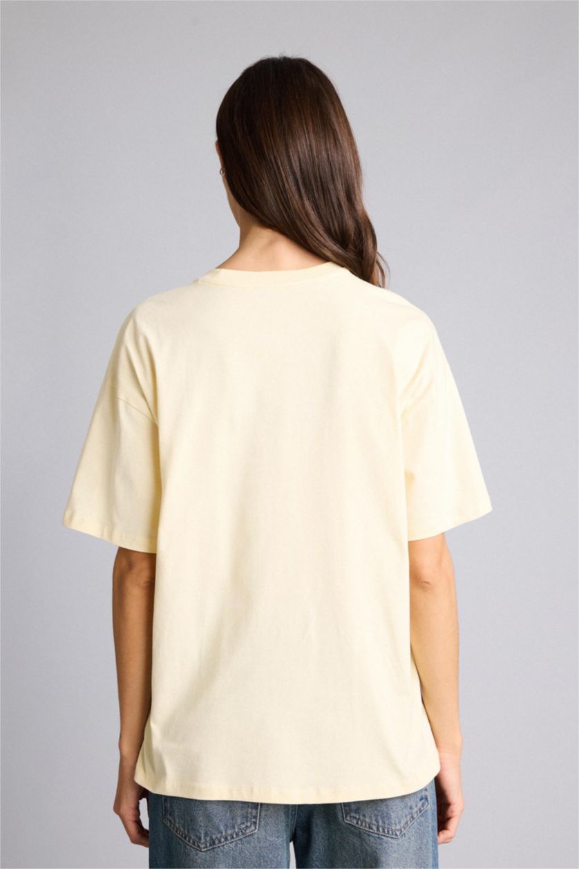 Kadın Açık Sarı Anneler Günü Oversıze Bisiklet Yaka Fotoğraf Çiçekli Kısa Kollu Tişört