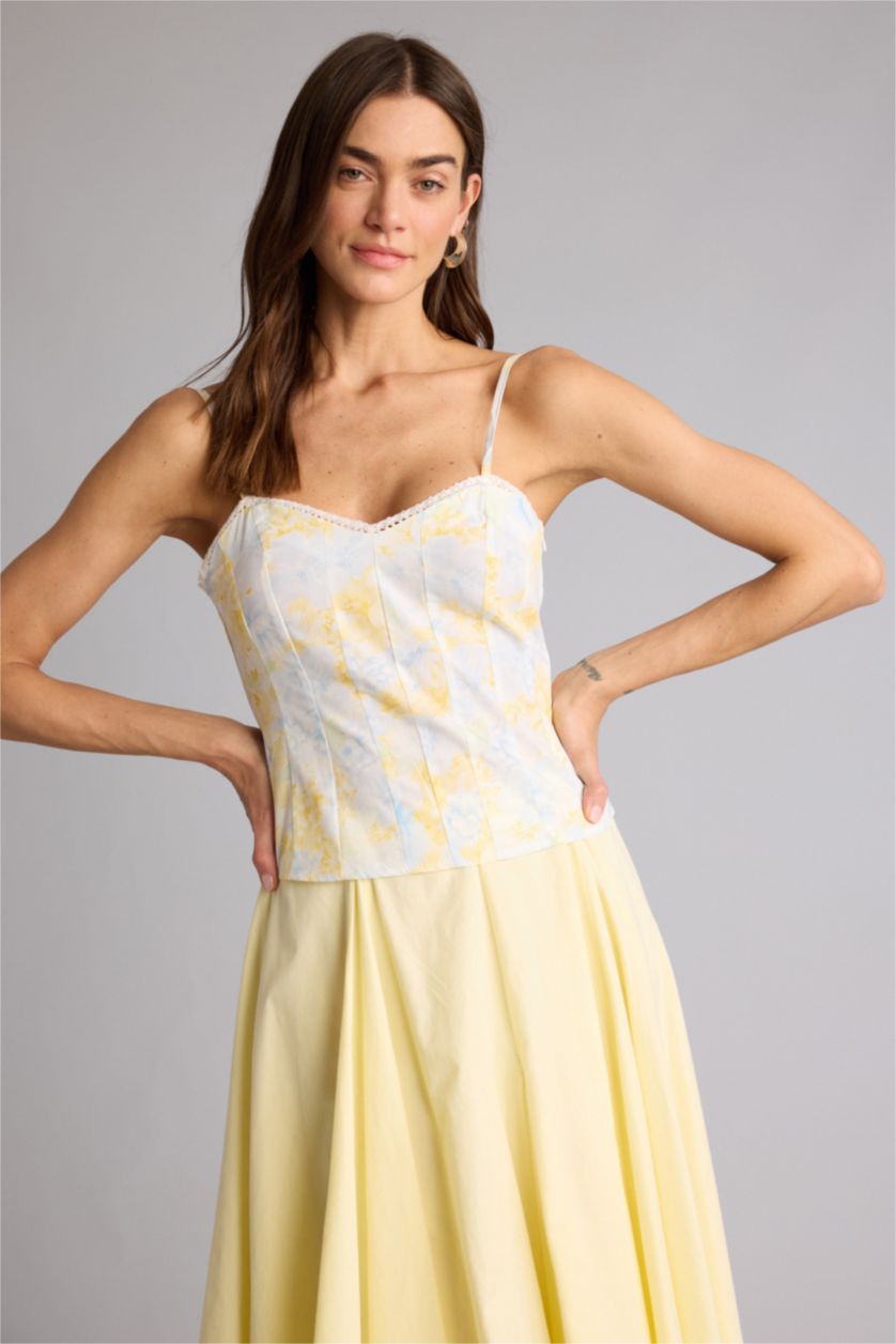 Kadın Açık Mavi Fıtted V Yaka Floral Poplin Kolsuz Bluz