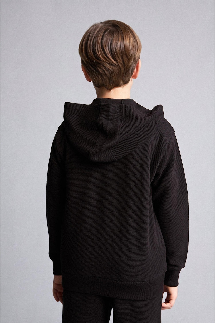BOYS & TEENS Black Boy Thick Cotton Zip-Up Hooded Sweatshirt with Kangaroo Pocket