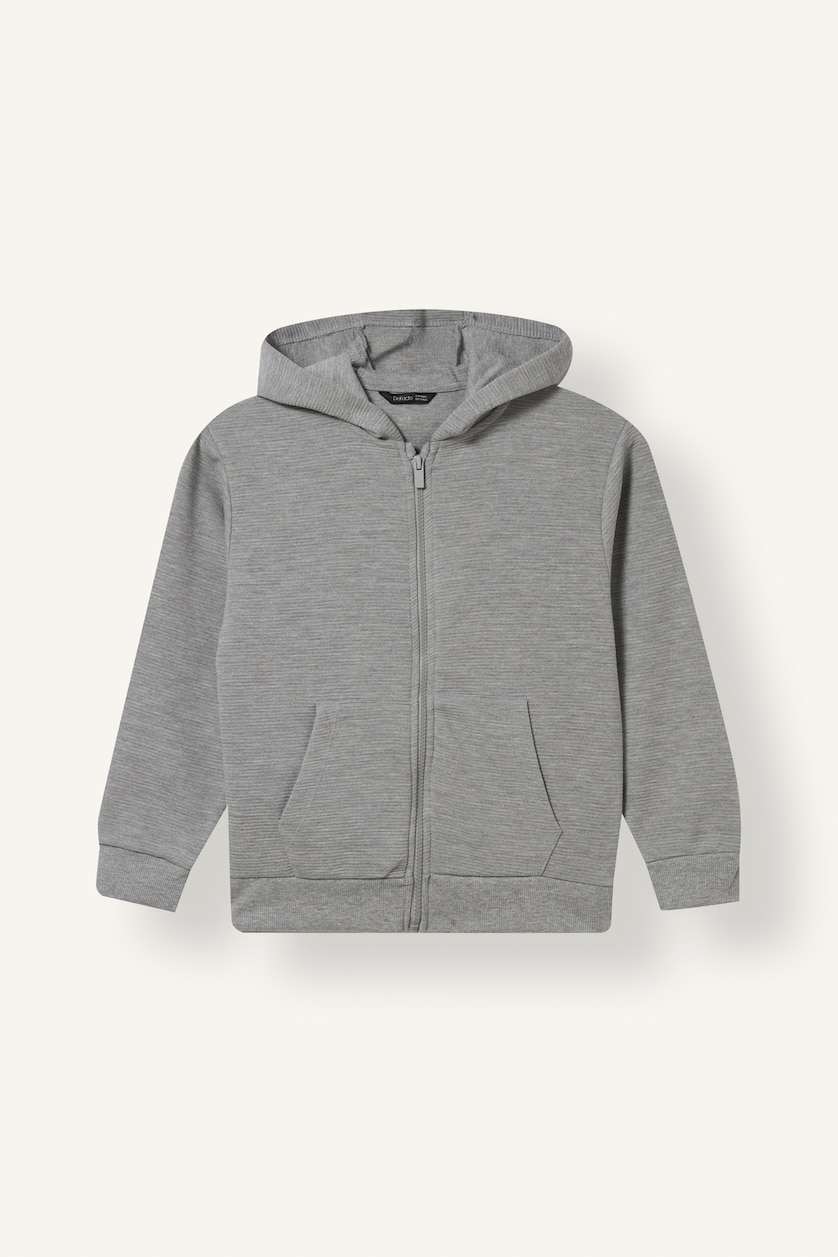 BOYS & TEENS Grey Melange Boy Cotton Zip-Up Hooded Sweatshirt with Kangaroo Pocket