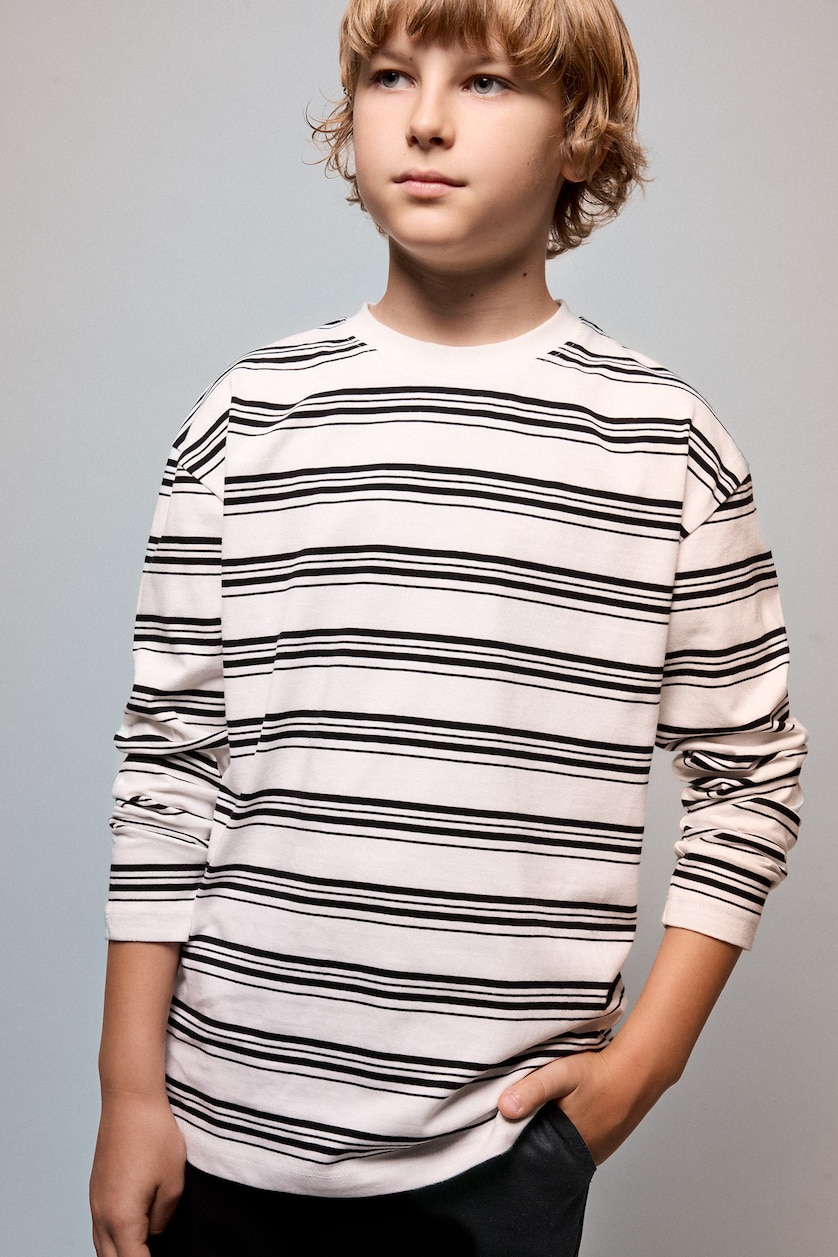أولاد أبيض Boy Oversize Fit 100% Cotton Rayé Crew Neck Long Sleeve T-Shirt