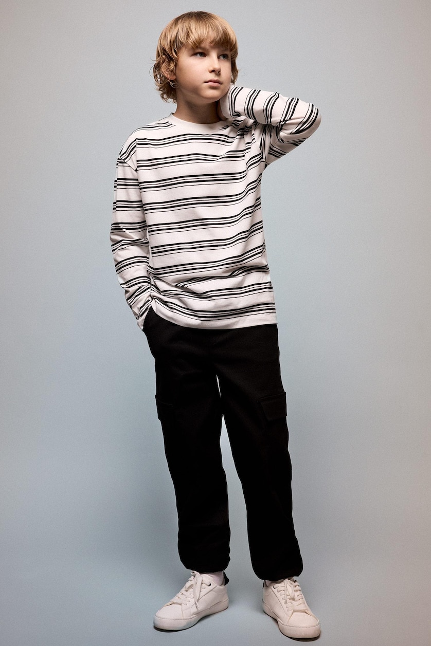 أولاد أبيض Boy Oversize Fit 100% Cotton Rayé Crew Neck Long Sleeve T-Shirt