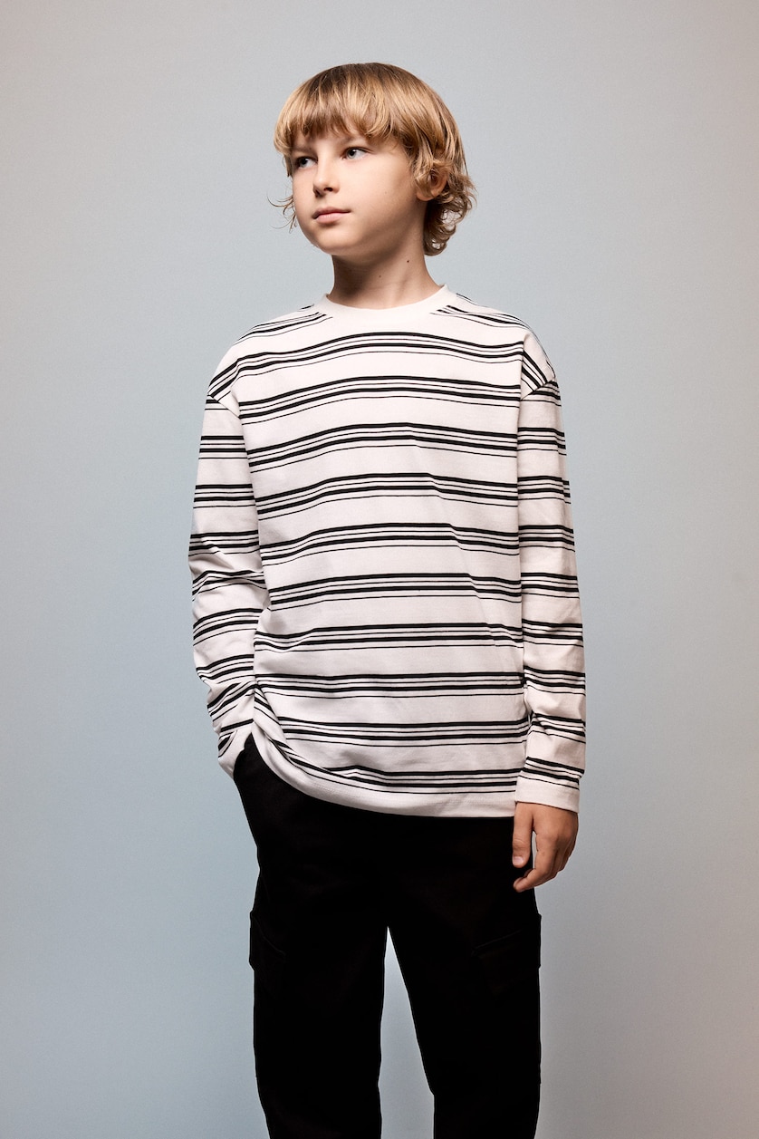 أولاد أبيض Boy Oversize Fit 100% Cotton Rayé Crew Neck Long Sleeve T-Shirt