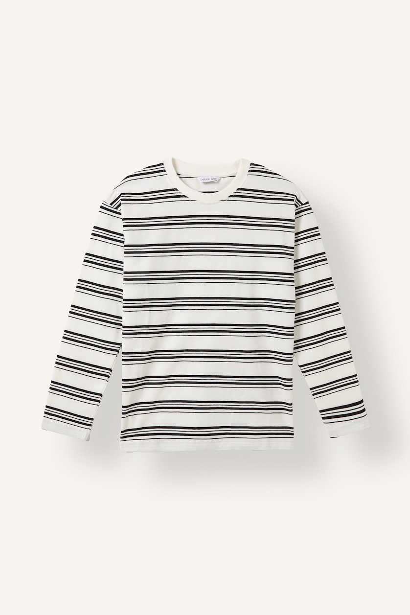 أولاد أبيض Boy Oversize Fit 100% Cotton Rayé Crew Neck Long Sleeve T-Shirt