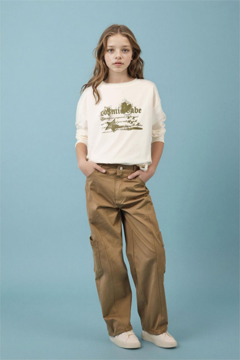 Kız Çocuk - Genç Kız Ekru Oversıze Baskılı Tişört Kız Çocuk