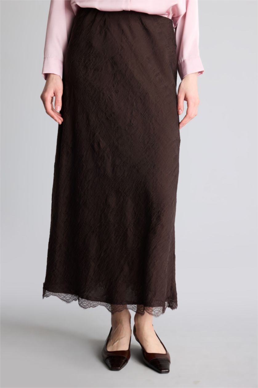 Kadın Kahve A Kesim Akışkan Kumaş Maxi Etek