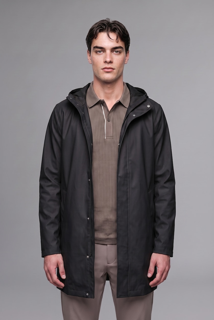 Men Black Faux Leather Hooded Coat