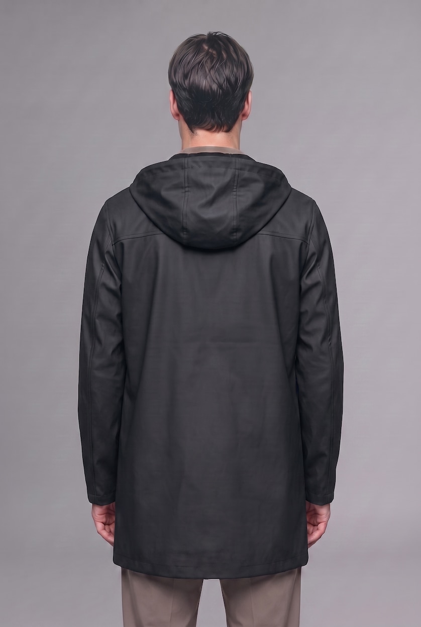 Men Black Faux Leather Hooded Coat