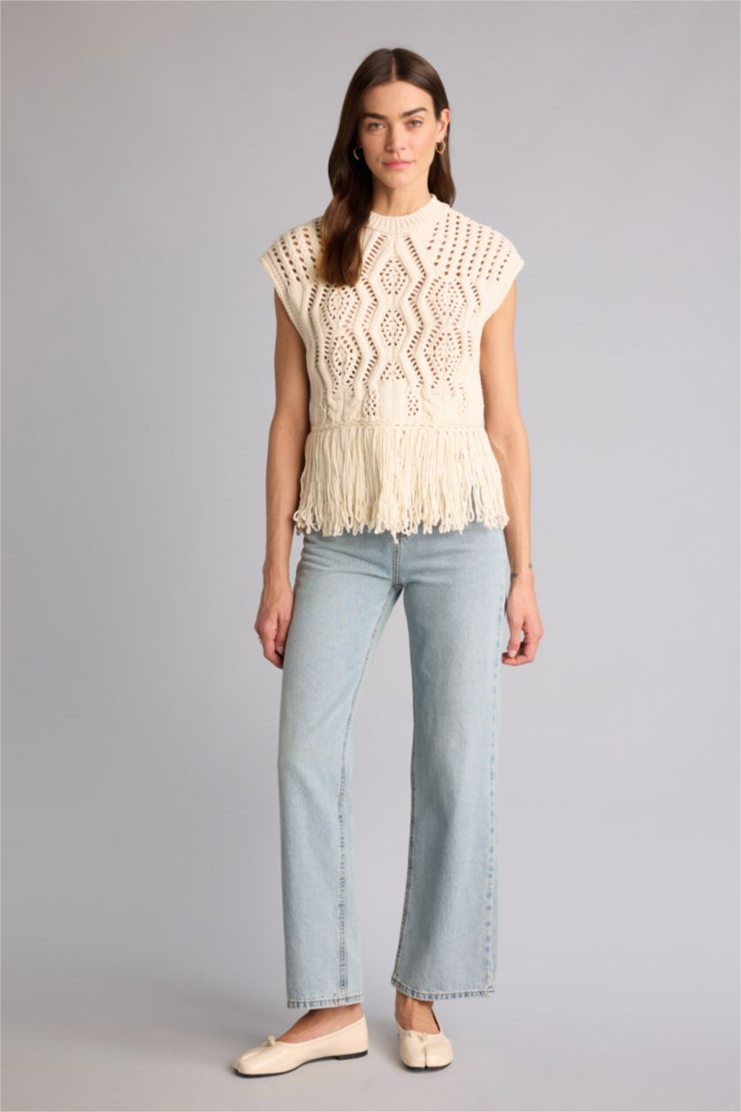 Kadın Ekru Oversıze Triko Püsküllü Yelek