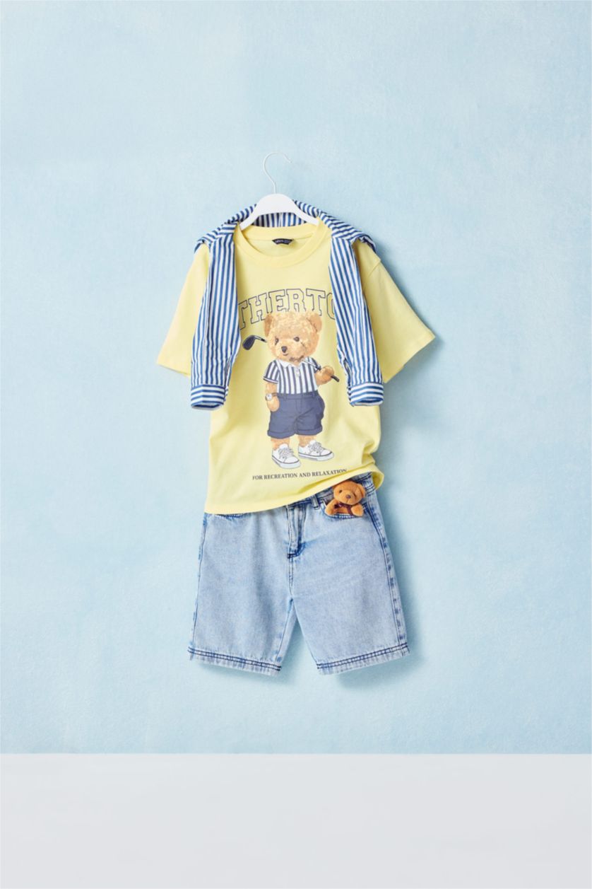 Erkek Çocuk - Genç Erkek Sarı Regular Fıt Bisiklet Yaka Ayıcıklı Kısa Kollu Tişört