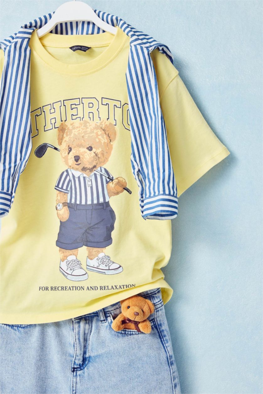 Erkek Çocuk - Genç Erkek Sarı Regular Fıt Bisiklet Yaka Ayıcıklı Kısa Kollu Tişört