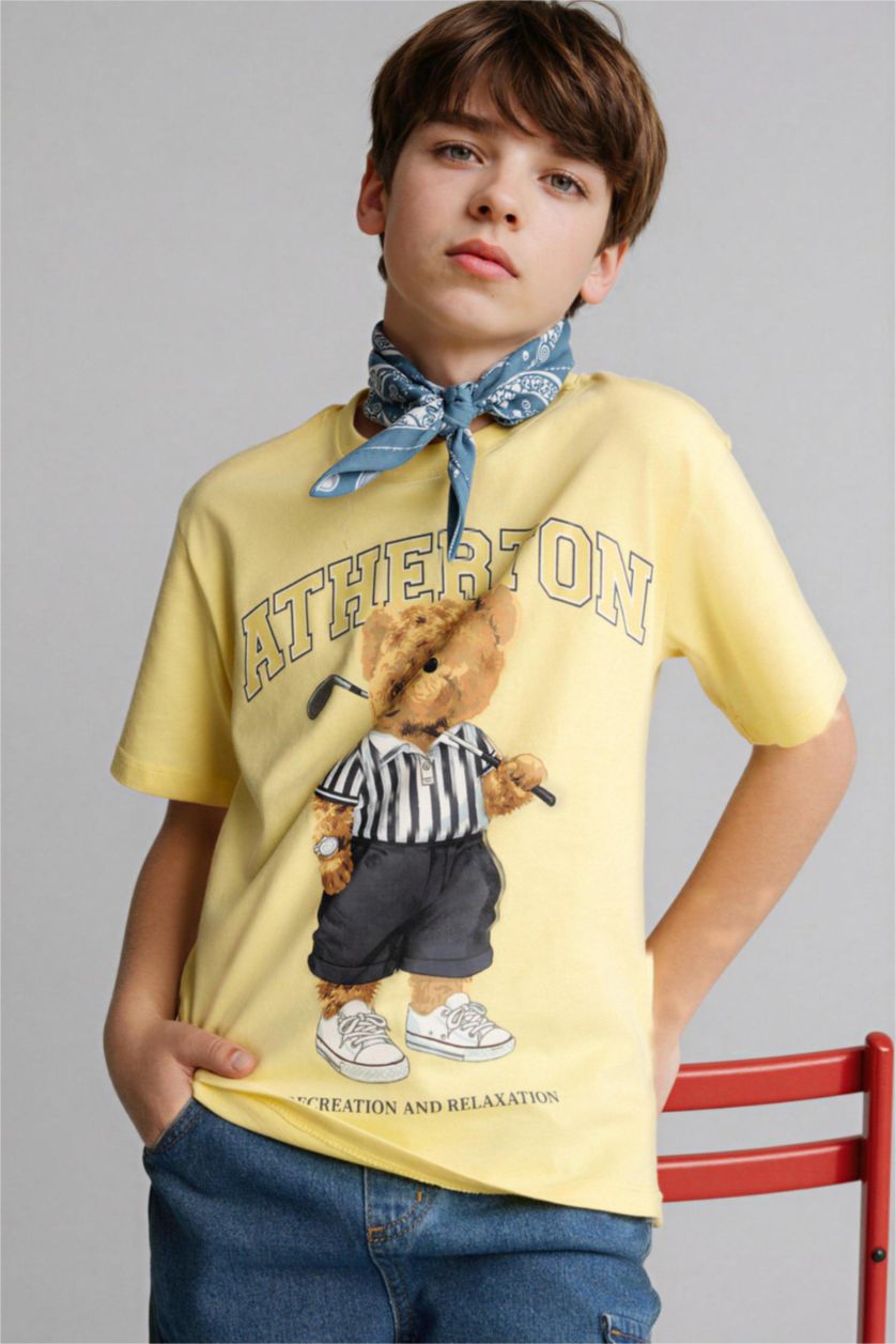 Мальчики и подростки Желтый Футболка Regular Fit с круглым вырезом мишкой и коротким рукавом для мальчиков