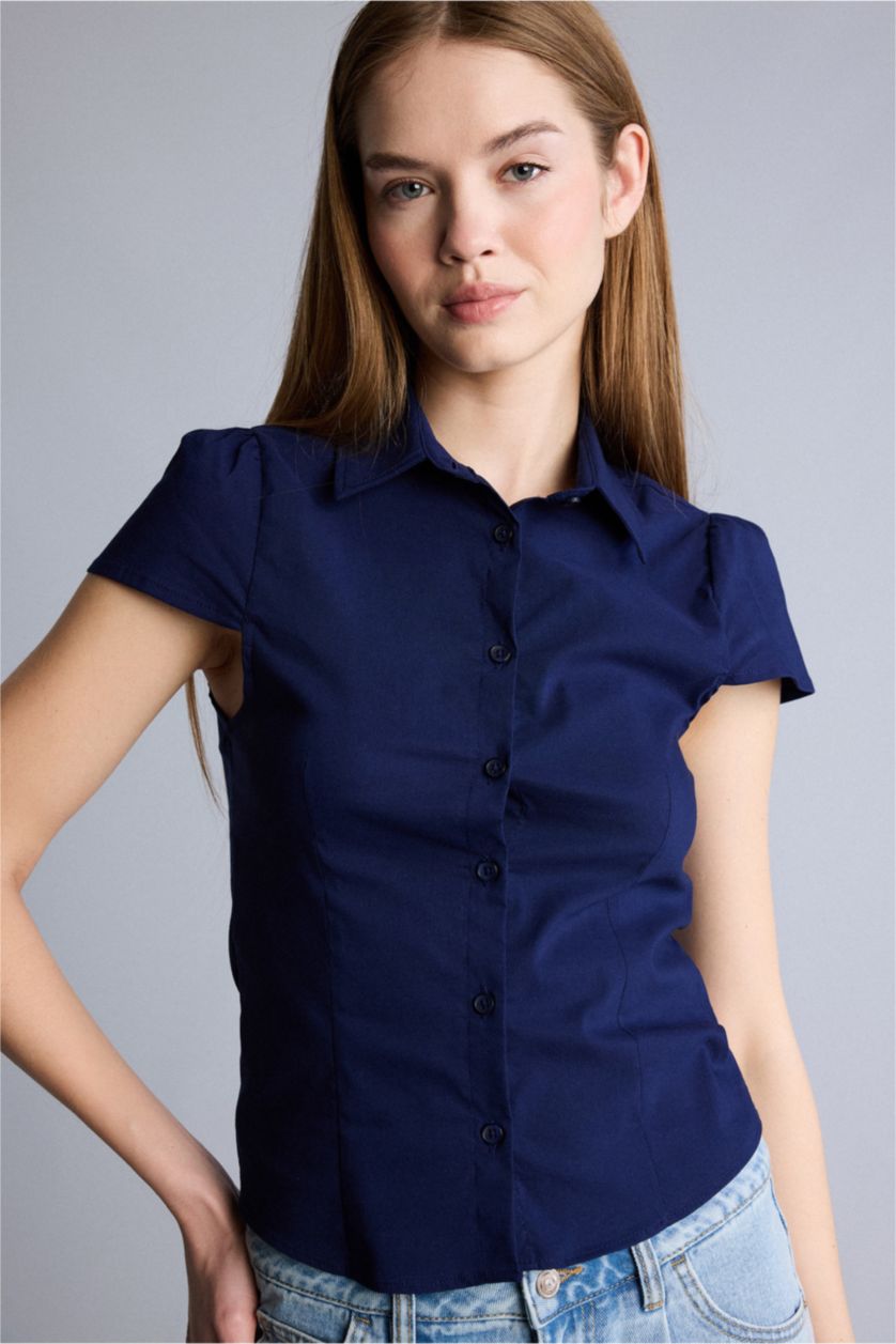 Kadın Lacivert Fıtted Bengalin Gömlek