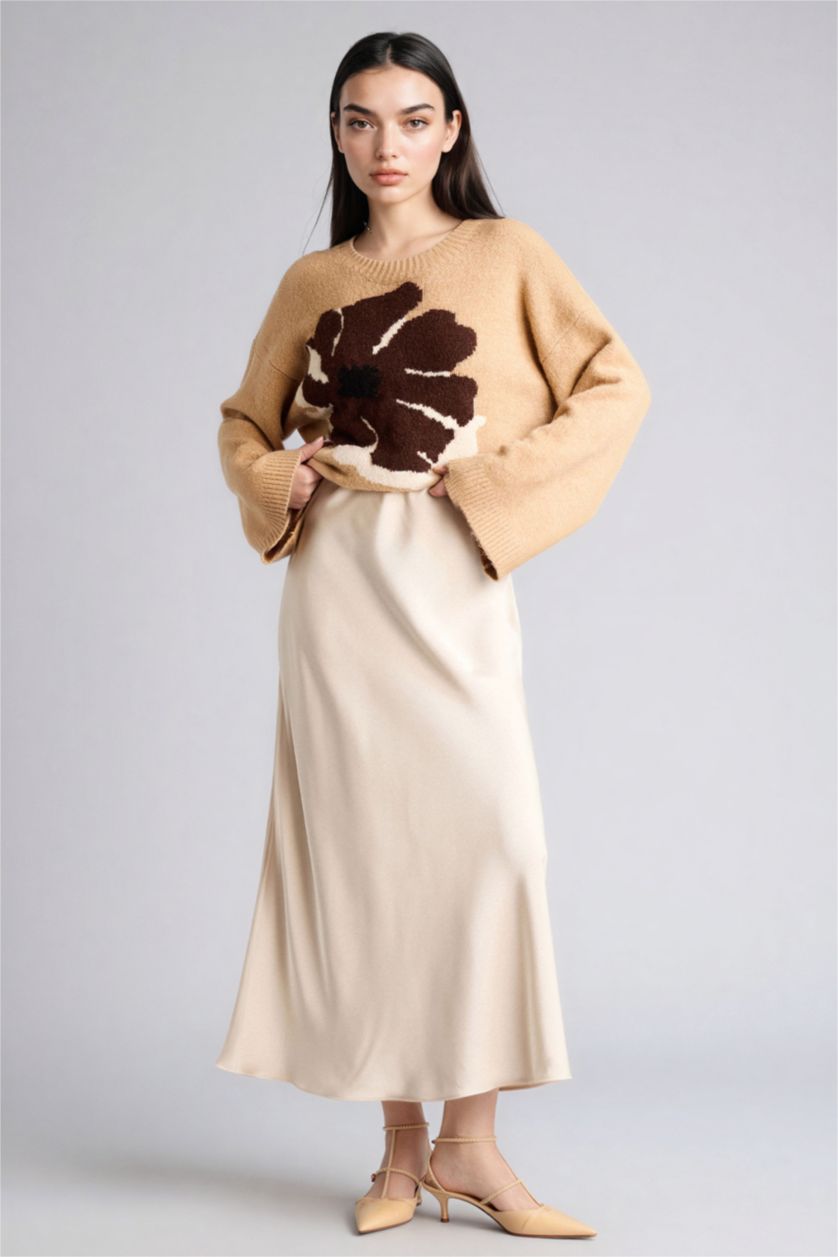 Woman Beige Regular Fit Crew Neck Pullover