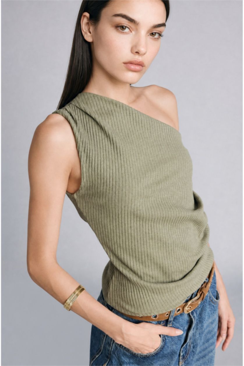 Women Light Khaki Slim Fit Camisole One Shoulder Tank Top