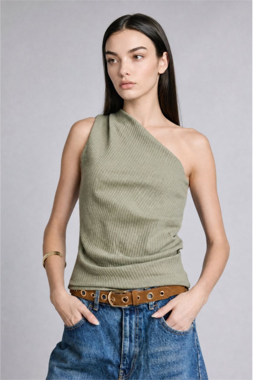 Women Light Khaki Slim Fit Camisole One Shoulder Tank Top