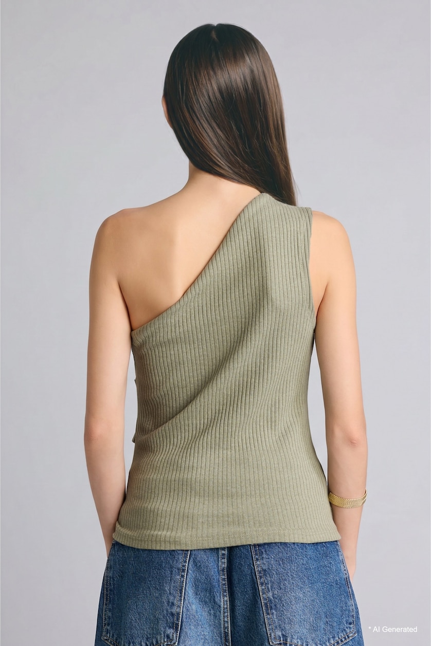 Women Light Khaki Slim Fit One Shoulder Ribbed Blouse
