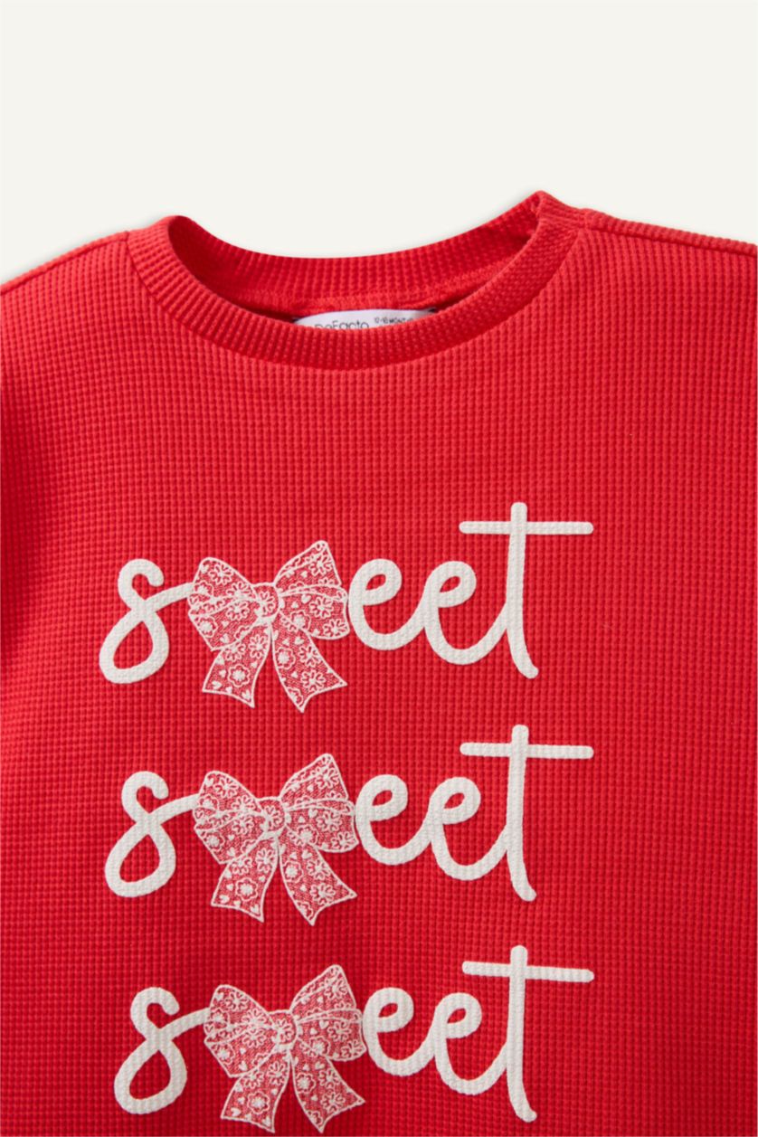 Kız Bebek Kırmızı Bisiklet Yaka Slogan Baskılı Waffle Uzun Kollu Tişört Kız Bebek